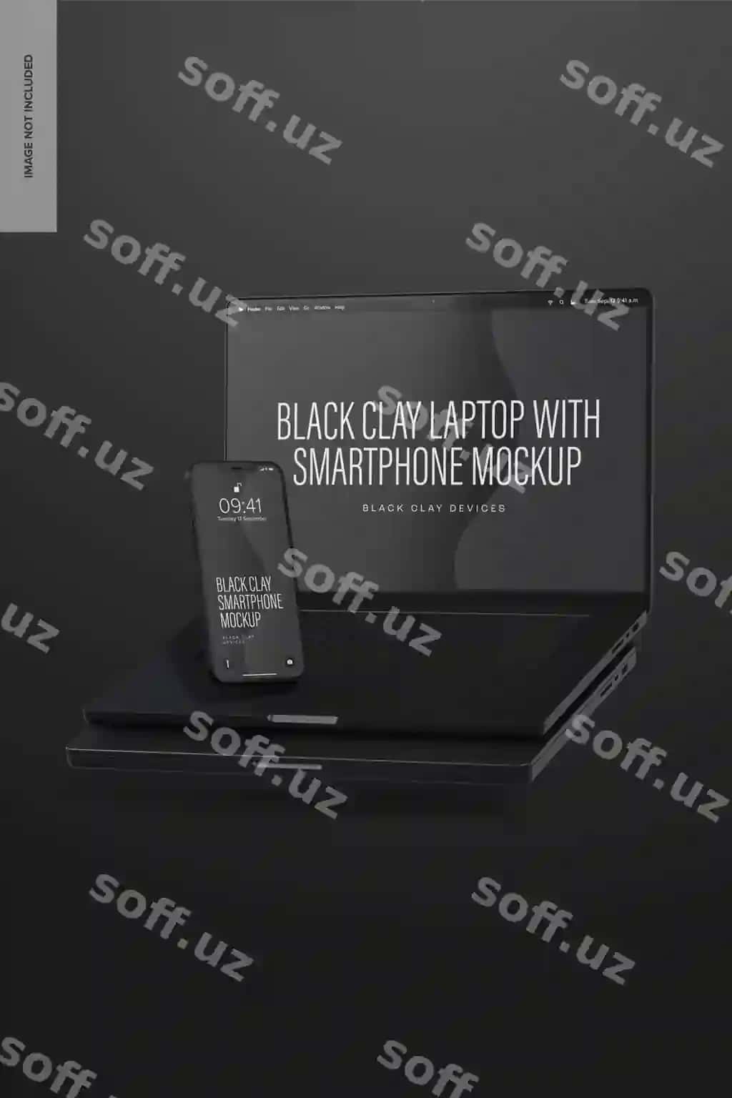 Qora hordiq laptop pro akilliq telefon tushyotgan mockup bilan | Black clay laptop pro with smartphone mockup falling