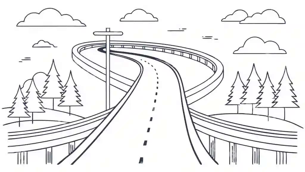 Oq fonda ekspress yo'lining uzluksiz chiziqli yassi vektorli tasviri | Expressway continuous line art flat vector illustration white background