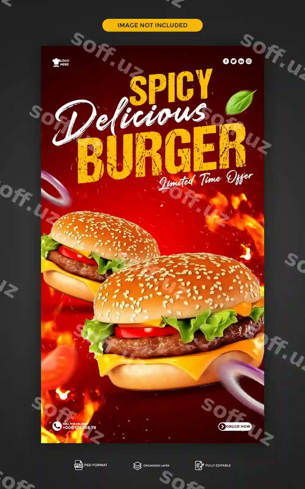 Psd mishbrat burger ovqat menyu Instagram Facebook hikoya shabloni | Psd delicious burger food menu instagram facebook story template