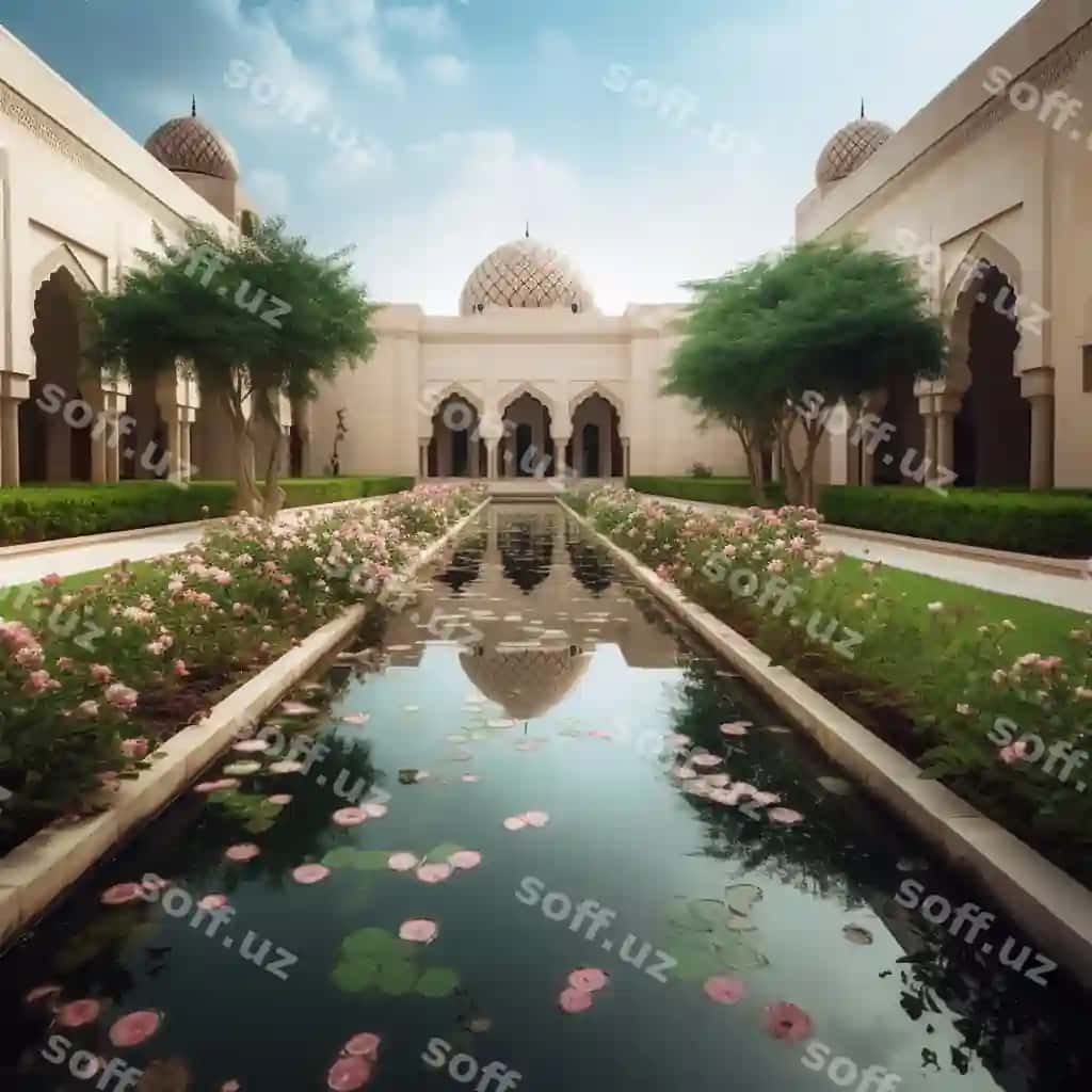 Hovli ko'li bilan gulqovoq shamol | Courtyard with pond pink flowered fountain