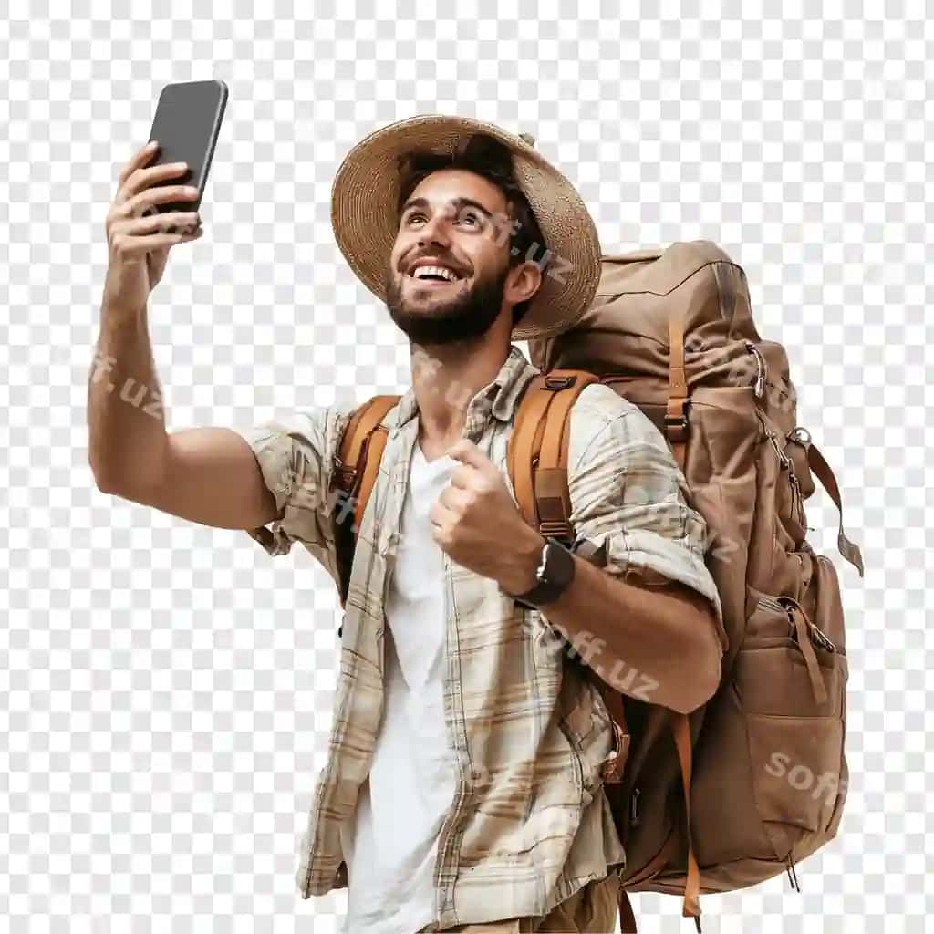 Guladigan chetmarka sayyohi selfi olinayotganda | Smiling backpacker taking selfie