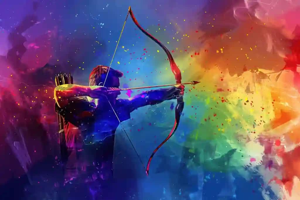 Yuqori illyustratsiyali rangli mavhum fonni nishonga oluvchi kamonchi | Archer aiming high illustration color abstract background