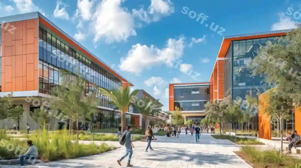 Talabalar qopqog'langan yo'lkda zamonaviy binolar, palmachalar orqa fonda, quyoshli kun. | Students walking paved walkway with modern buildings palm trees background sunny day