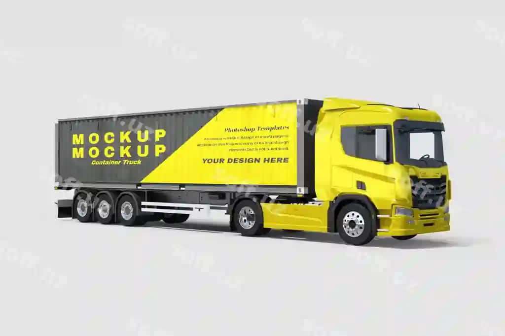 Qora sariq konteyner yuk avtomobili mockup, perspektiv ko'rinishi | Black yellow container truck mockup with perspective view