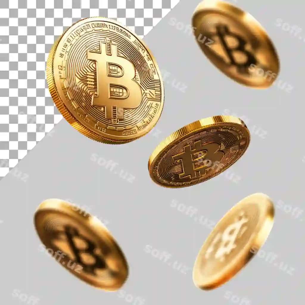 Oltin bitcoin tangalari ajraltirilgan shaffof fonda | Golden bitcoin coins isolated transparent background