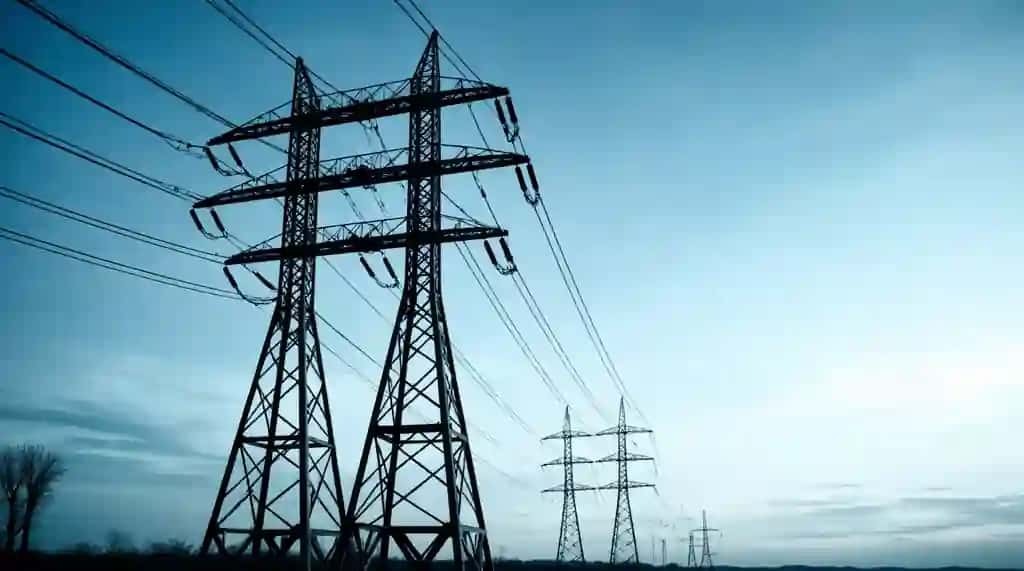 Elektr uzatish liniyalari minoralari moviy osmonga qarshi siluet | Power lines transmission towers silhouetted against blue sky
