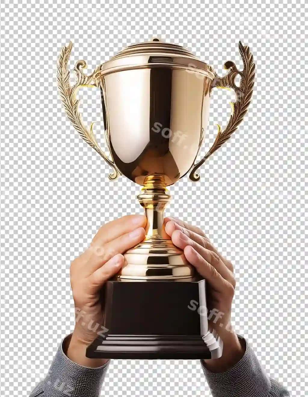 Qoliq tutgan oltin trofey ajraltirilgan shaffof orqa fonda | Hand holding gold trophy isolated transparent background