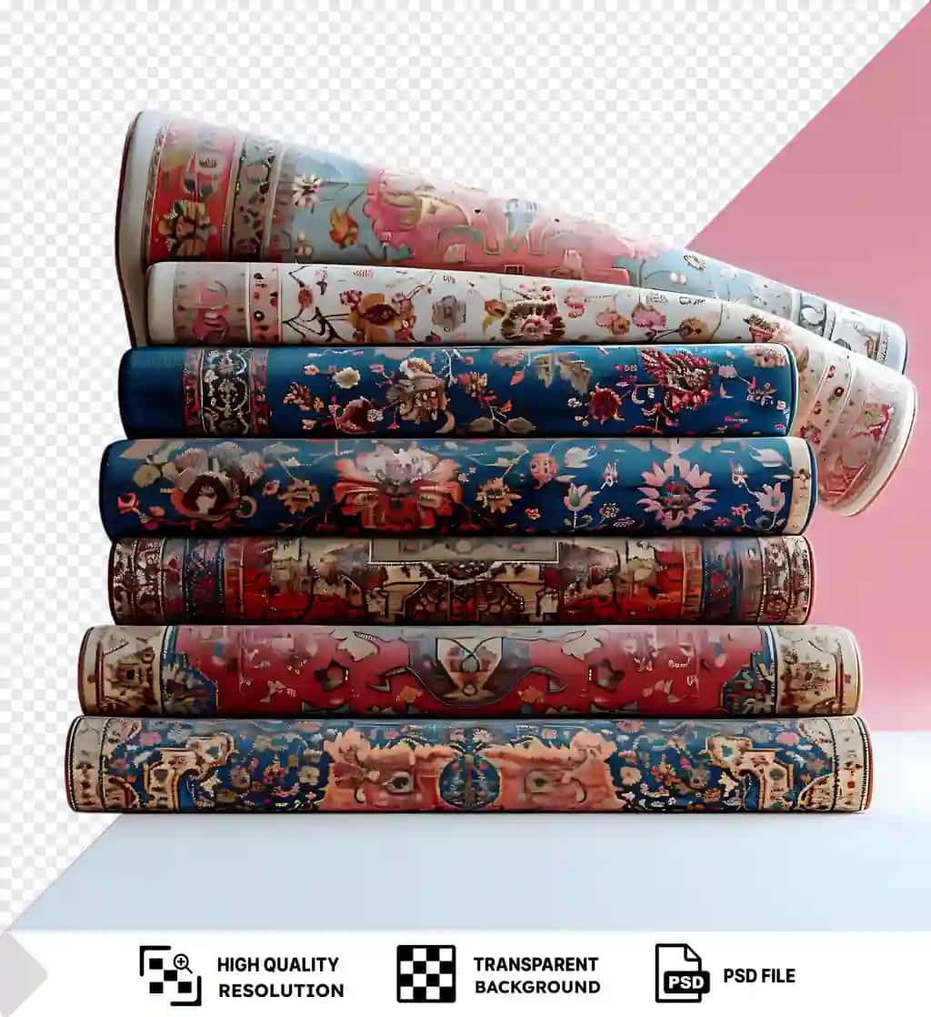 Pushti fonda murakkab naqshli rangli gilamlarni to'plang | Stack colorful rugs with intricate designs against pink background