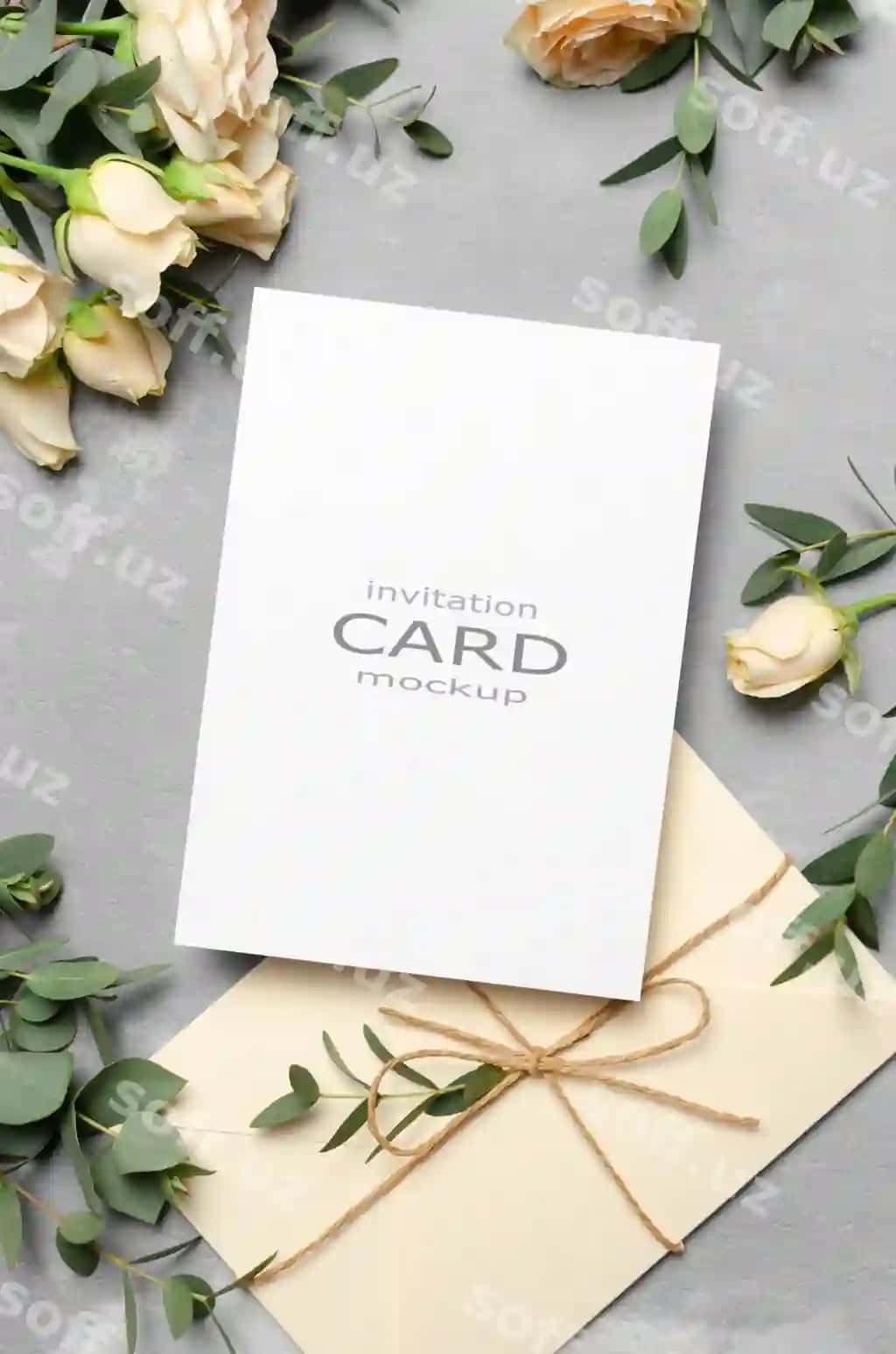 Uylanganish taklifi kartochkasi namunasi konvert, roza gullari bilan | Wedding invitation card mockup with envelope roses flowers