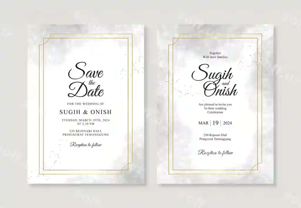Elegant nikoh chaqiruvi shabloni oltin ramkali akvarel sponges | Elegant wedding invitation template with gold frame watercolor sponge