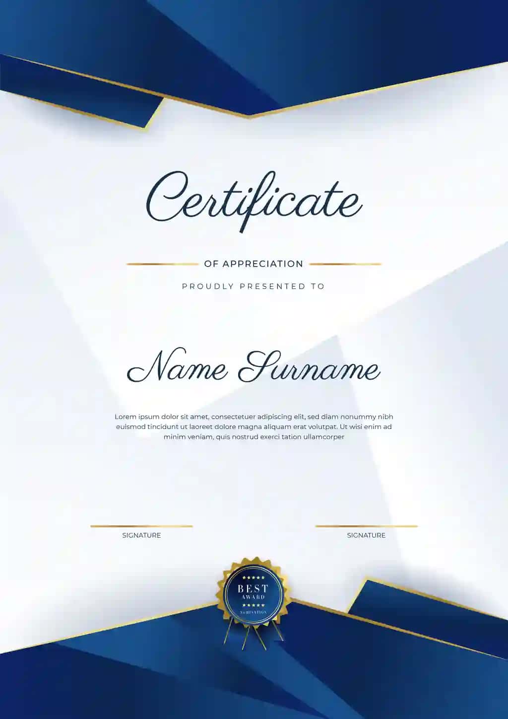 Oltin bilan zamonaviy oqlangan ko'k oltin sertifikat yutuqlari shablon | Modern elegant blue gold certificate achievement template with gold