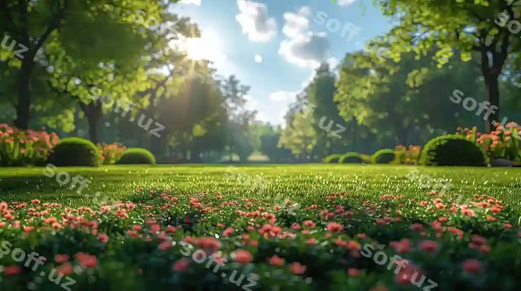 Go'zal kuz bog' gullab gullar bilan yashil chaman tabiat orqa fon | Beautiful spring garden with blooming flowers green grass nature background