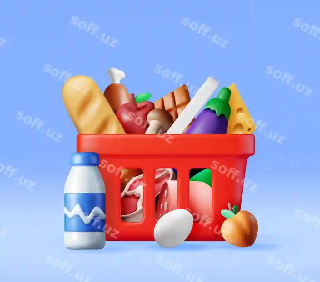 3d xarid plastik savat yangi mahsulotlar bilan | 3d shopping plastic basket with fresh products
