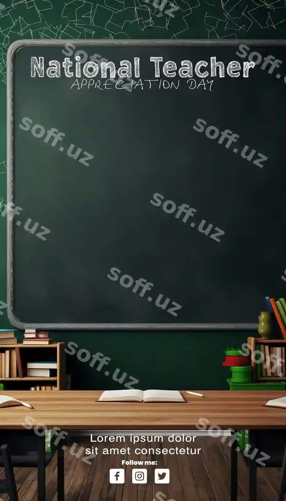 O'qituvchining 39-kun mavzusiga ega yashil doskali sinf | Green chalkboard classroom with teacher39s day theme