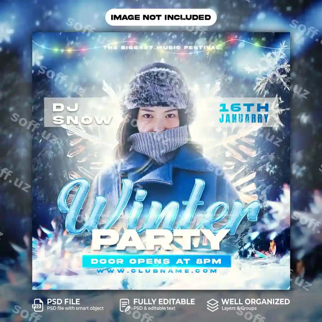 Rojdestvo qish to'xtovma PSD plakat dizayni | Christmas winter party psd poster design