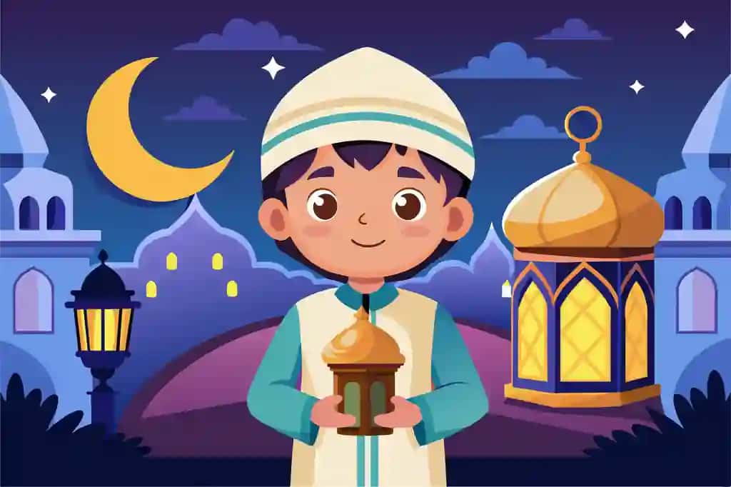 Yulduzli osmon bilan Ramazonni nishonlayotgan fonarni quvonch bilan ko‘tarib olgan bola | Child joyfully carries lantern celebrating ramadan starry sky with