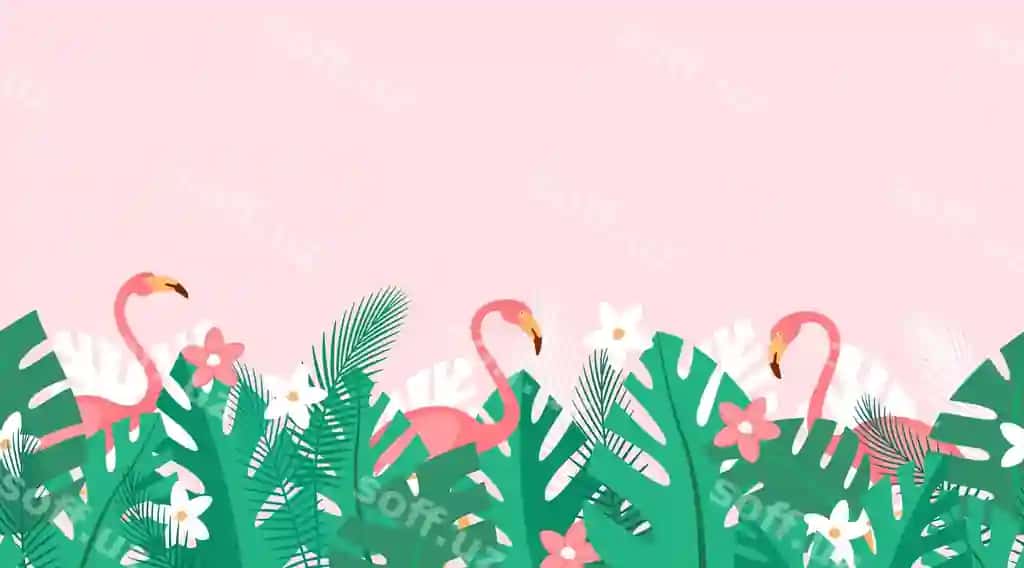 Gorizontal takrorlanadigan naqsh tropik o'simliklar, gullar va pushti flamingolar bilan. | Horizontal repeated pattern with tropical plants flowers pink flamingos