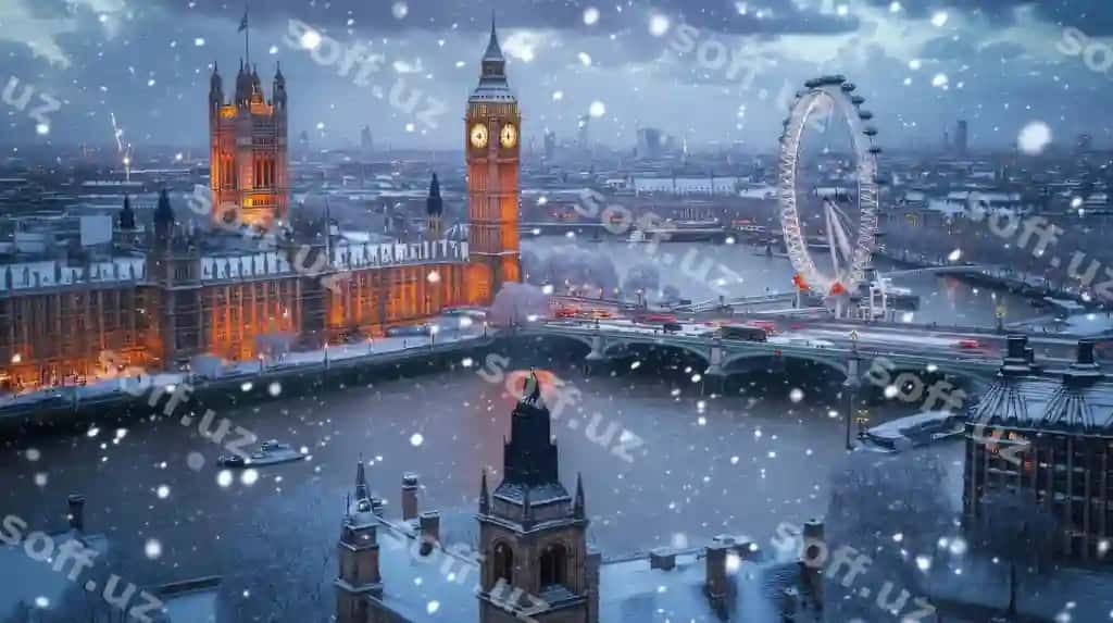 Mashhur London shahar konturi qor tomoriga o'rtatilgan va mashhur manzaralari bilan. | Iconic london skyline covered blanket snow with famous landmarks