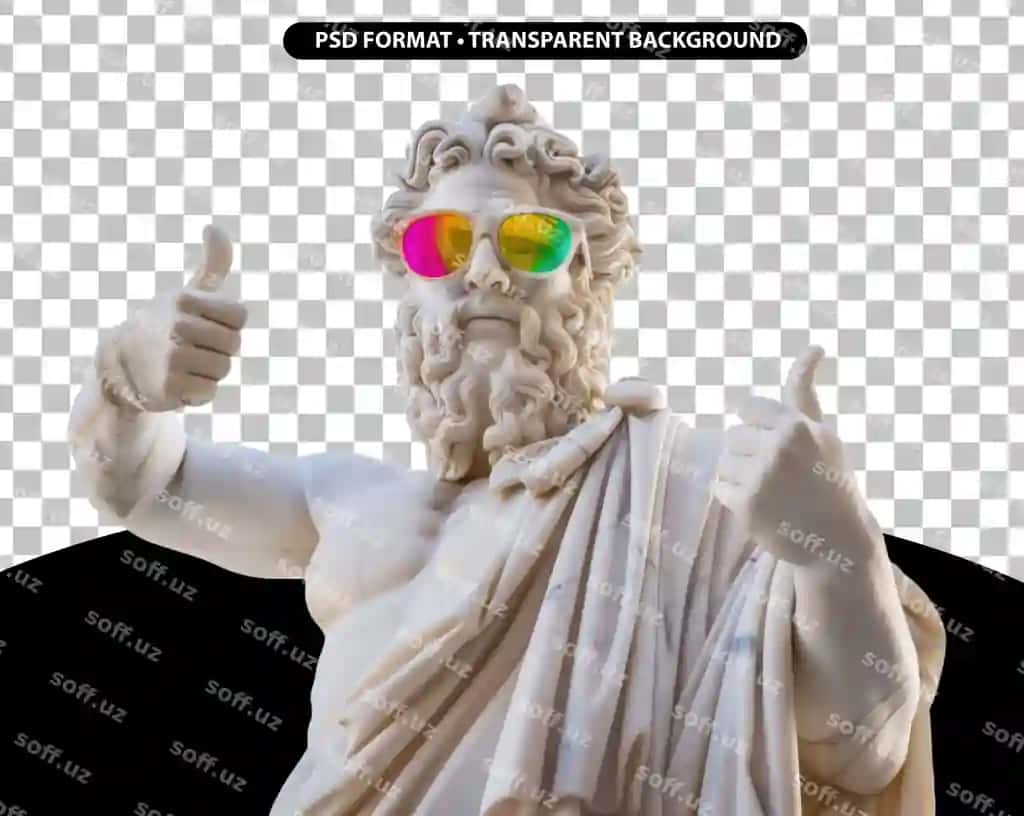 Yunon haykali bosh barmog'ini yuqoriga ko'tarib, rangli quyoshdan saqlaydigan ko'zoynak taqing | Greek statue thumb up wear colorful sunglasses