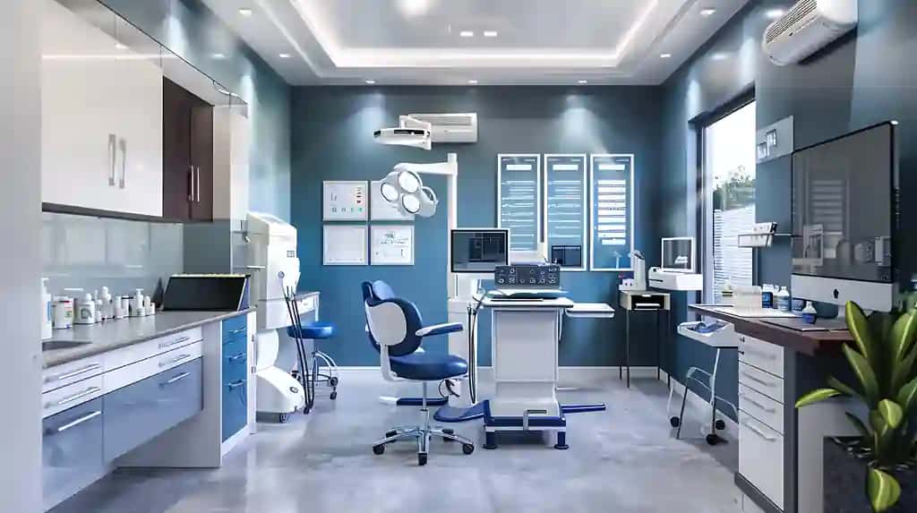 Ko'k devor stolli kasalxona xonasi, u kompyuter bilan | Hospital room with blue wall desk with computer it