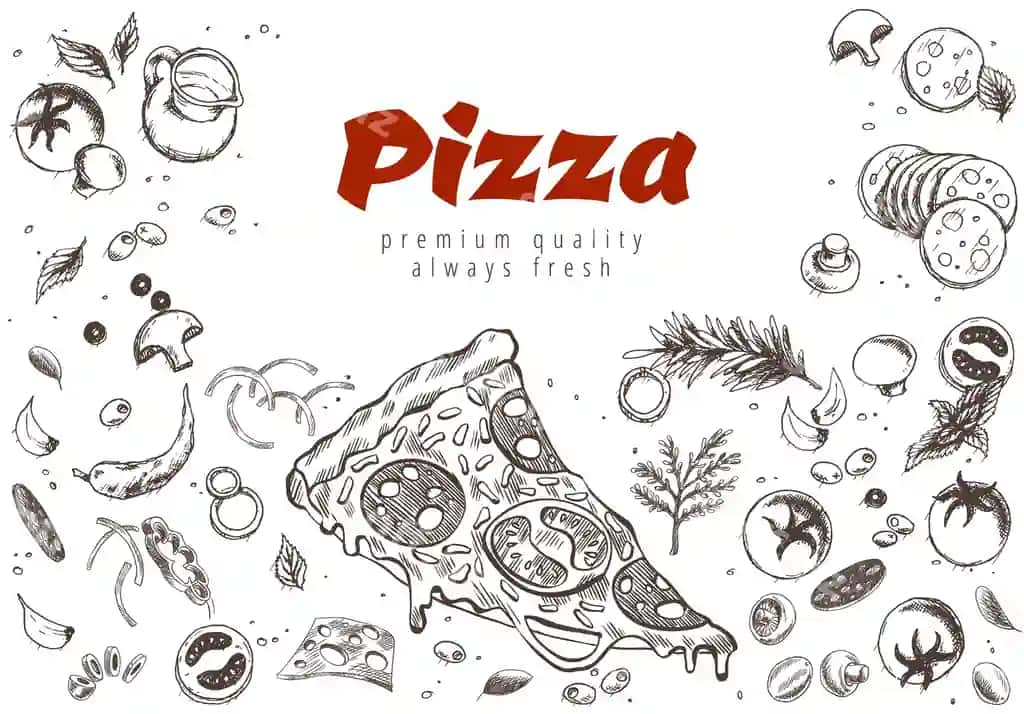 Pitsa chizig'i banneri o'yilgan uslubdagi dudl fonida mazali pizza | Pizza line banner engraved style doodle background savoury pizza