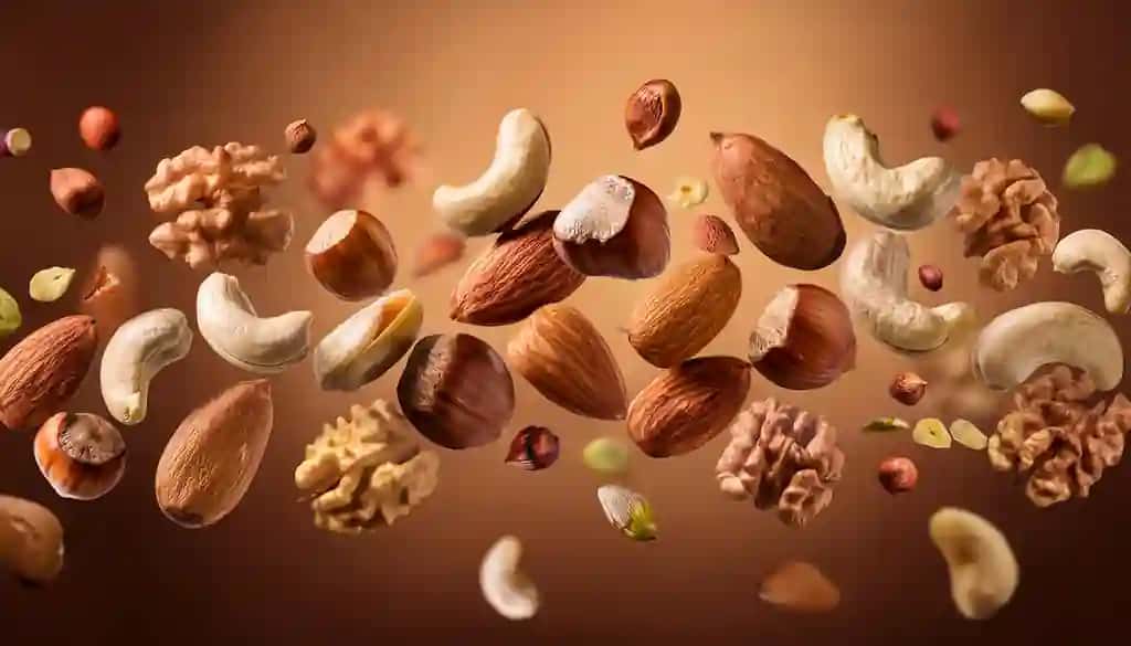 Issiq jigarrang fonda suzib yuruvchi turli xil yong'oqlar | Assorted nuts floating against warm brown background