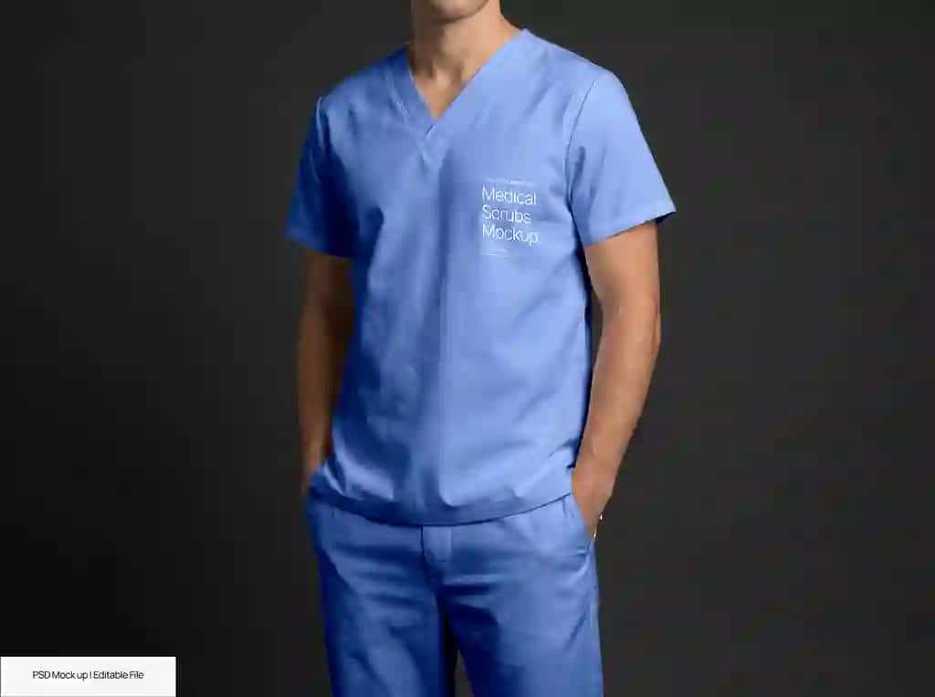 Moviy tibbiy skrablar maket erkak modeli | Blue medical scrubs mockup male model