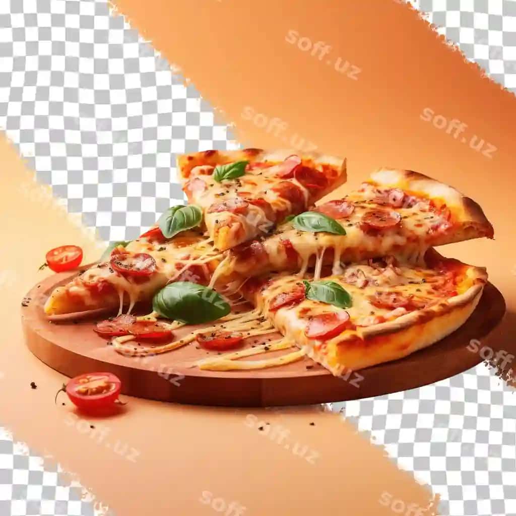 Mazali yupqa bo'laklar, shaffof fonda mozzarella pitsa | Delicious thin slices mozzarella pizza transparent background