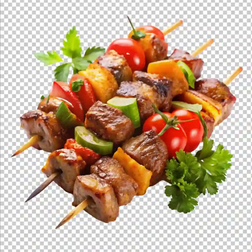 Barbekyu go'shtidan tayyorlangan shishlar oq fonda | Barbeque meat skewers white background
