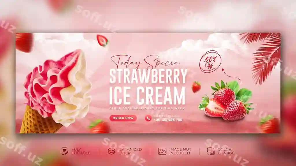 Mazali muzqaymoq ijtimoiy media posti banner facebook qoplash shabloni | Delicious ice cream social media post banner facebook cover template
