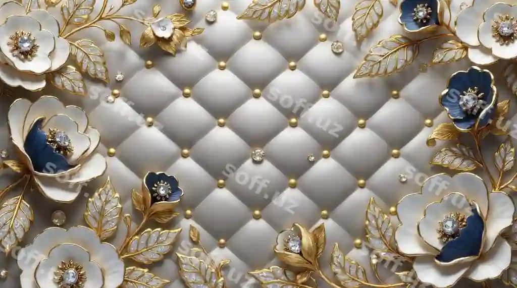 Oltin rangli bezaklar va olmosli bezaklar bilan bezatilgan nafis gulli qoplama | Elegant floral upholstery with golden accents diamond embellishments