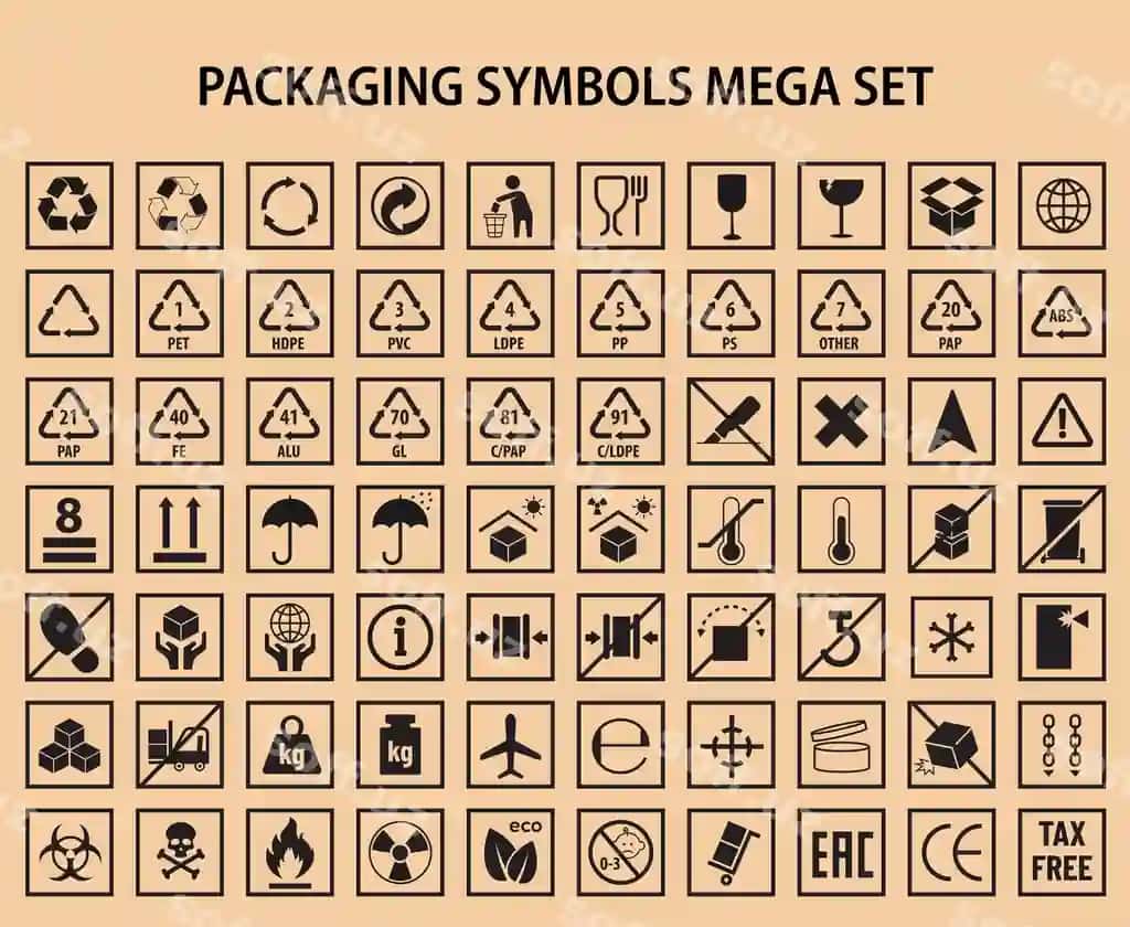 Qadoqlash yorlig'i belgilari mega to'plam vektori | Packaging label symbols mega set vector
