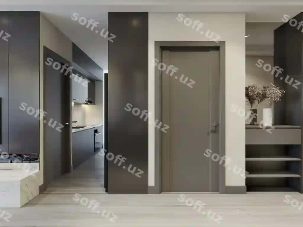 Zamonaviy kirish xonasi kulrang oyoqshablonlar rafti bilan akrily 3d render | Modern entrance hallway gray with shoe rack mirror 3d rendering
