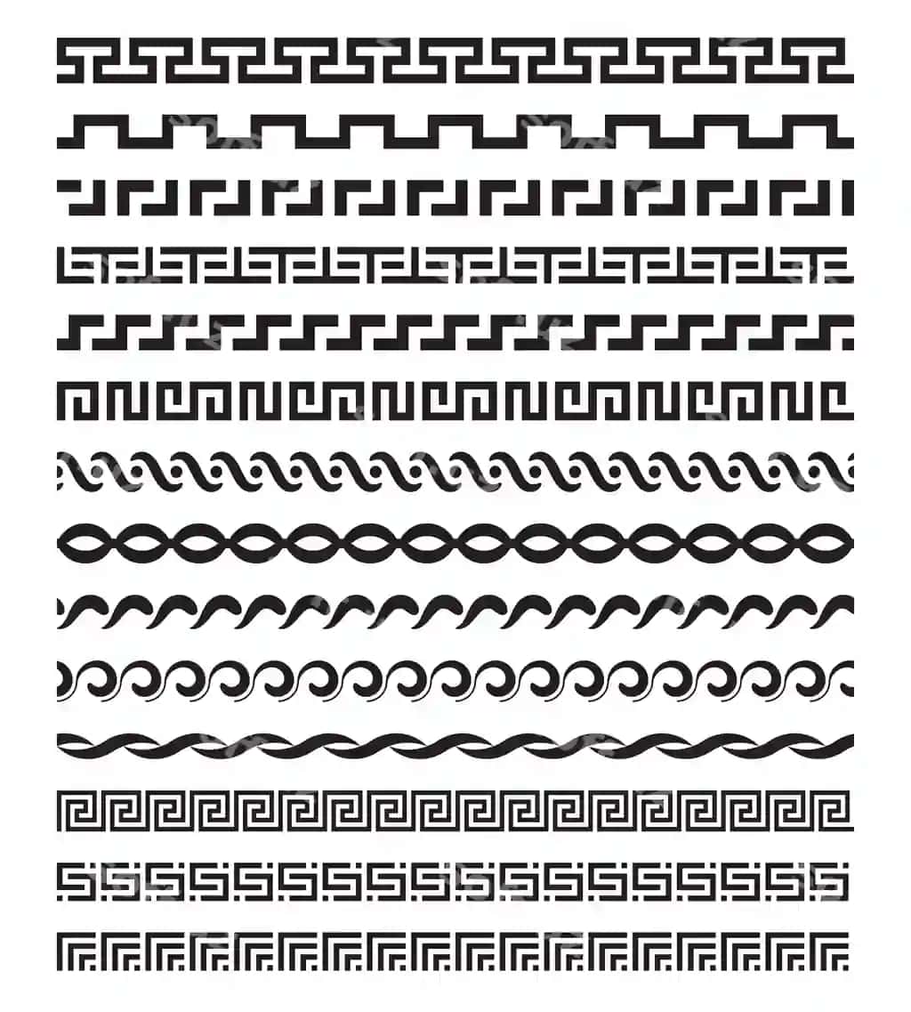 Eski Mediterranean Yunon mitologiyasi naqshidagi takrorlanuvchi chegaralar to'plami | Old mediterranean greek mythology pattern repetitive borders set