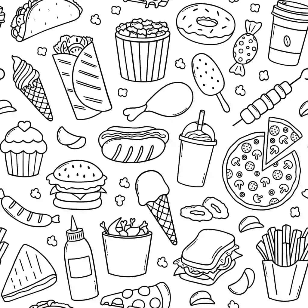 Choksiz naqshli tez tayyorlanadigan doodle to'plami gamburgerli muzqaymoqli sendvich | Seamless pattern fast food doodle set hamburger ice cream sandwich