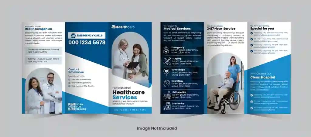 Professional tibbiy sog'liqni saqlash xizmatlari uch qatlamli broshyura dizayni | Professional medical healthcare services trifold brochure design