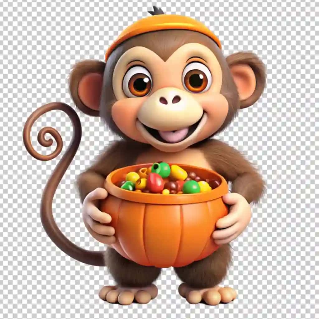 Qovoq chelakda to'la konfetni ushlab turgan maymun | Monkey holding pumpkin bucket full candy