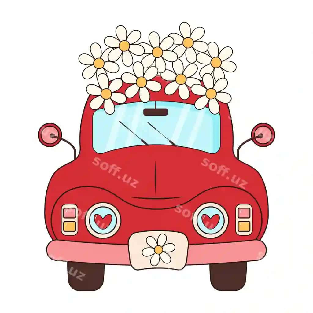 Nörgar retro qizil mashina chamomillar bilan hippi vintaj mashina muhabba va tinchlik | Groovy retro red car with daisies hippie vintage car love peace