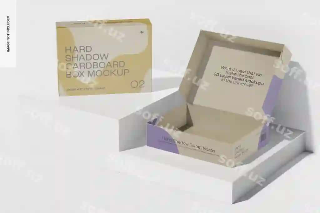 Qattiq soya karton qutilar mockup ochilgan yopilgan | Hard shadow cardboard boxes mockup opened closed