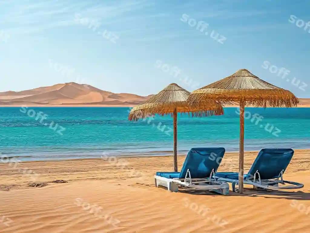 Ikki ko'k o'rin stuli, sharaf, plyaj | Two blue lounge chairs umbrella beach
