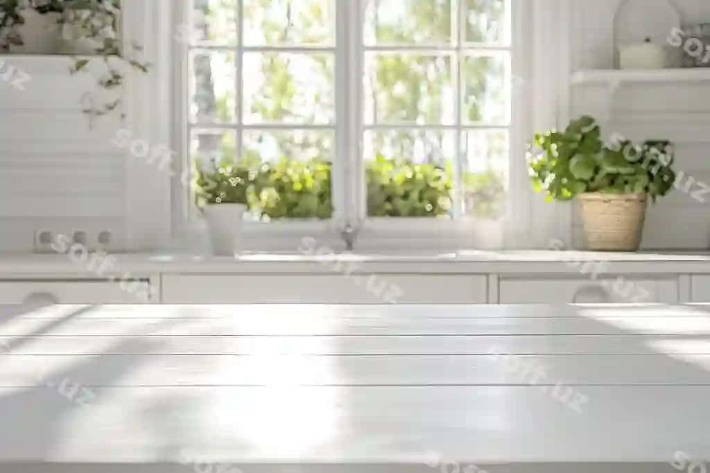 Oq masa o'simliklar bilan, uning oynasidan quyosh chorining o'tgani. | White table with plants it window with sun shining through it