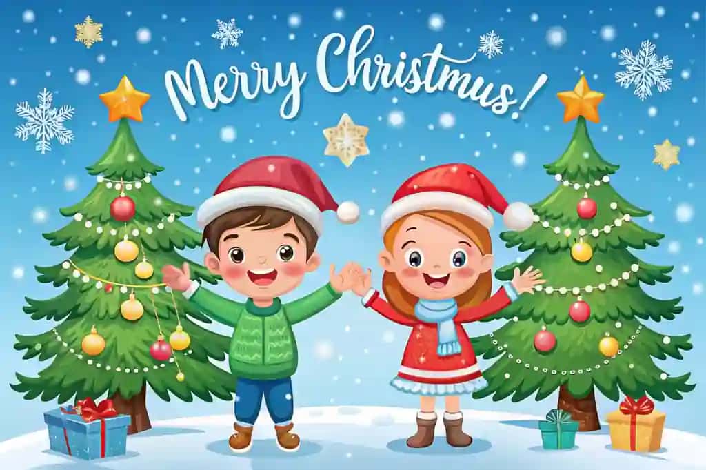 Baxtli bolalar Rojdestvoni bezatilgan daraxtlar qorli manzara bilan nishonlashmoqda | Happy children celebrating christmas by decorated trees snowy landscape