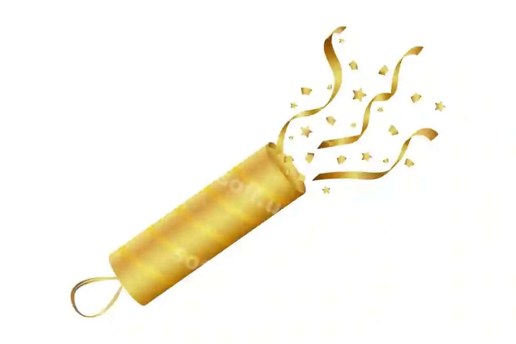 Oltin oqat konfetti bilan oq orqa fon | Gold firecracker with confetti white bacground