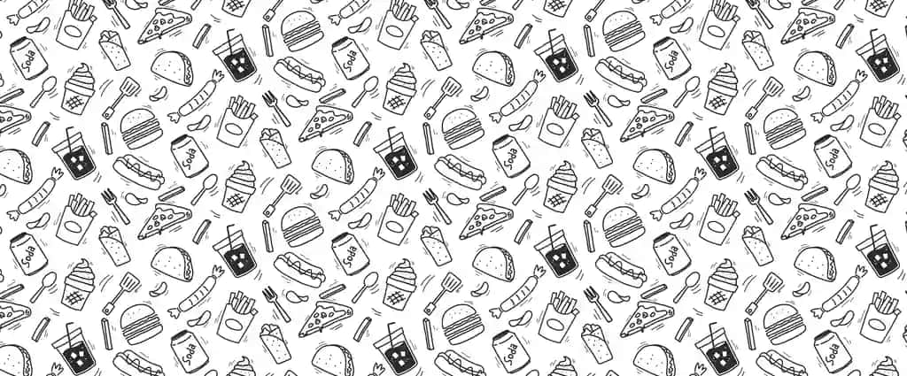 Arzimas oziq-ovqat naqshsiz doodle tez ovqat mazali burger pizza issiq | Junk food seamless pattern doodle fast food yummy burger pizza hot