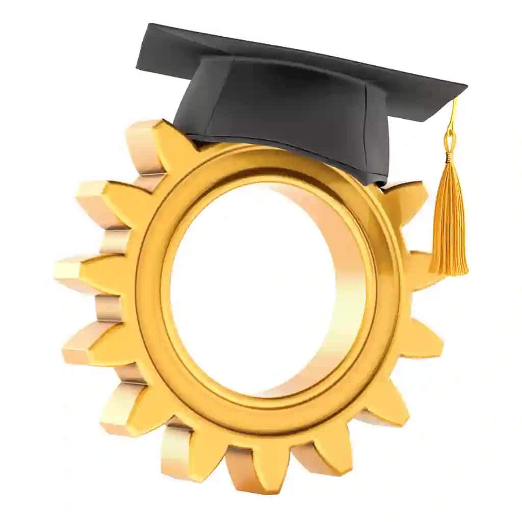 Muhandislik ta'limi tushunchasi tishli g'ildirakli ta'lim shlyapasi 3D render | Engineering education concept gearwheel with education hat 3d rendering