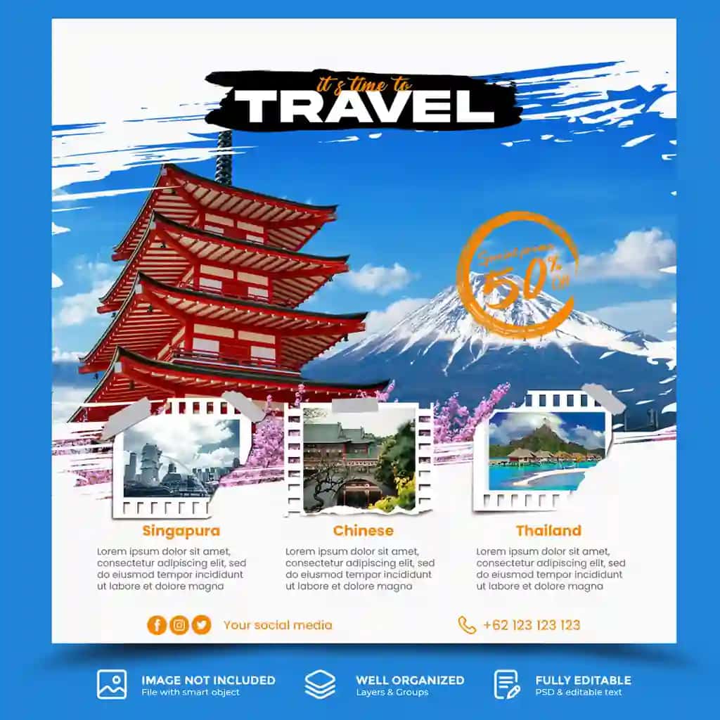 Sayohat sayohati uchun ijtimoiy tarmoqlardagi post shabloni | Traveling tour social media post template