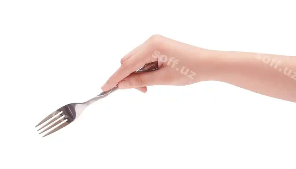 Ayollar qo'lida kumush zanglamaydigan vilka ushlab turgan holdagi yaqindan olingan fotosurat izolyatsiya qilingan oq fonda | Female hand holding silver stainless fork closeup photo isolated white background