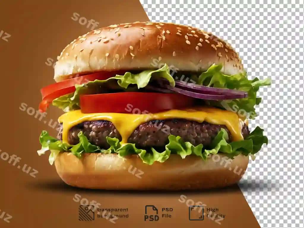 Gamburger pomidor souse bilan shaffof fonda | Hamburger with tomato sauce it transparent background