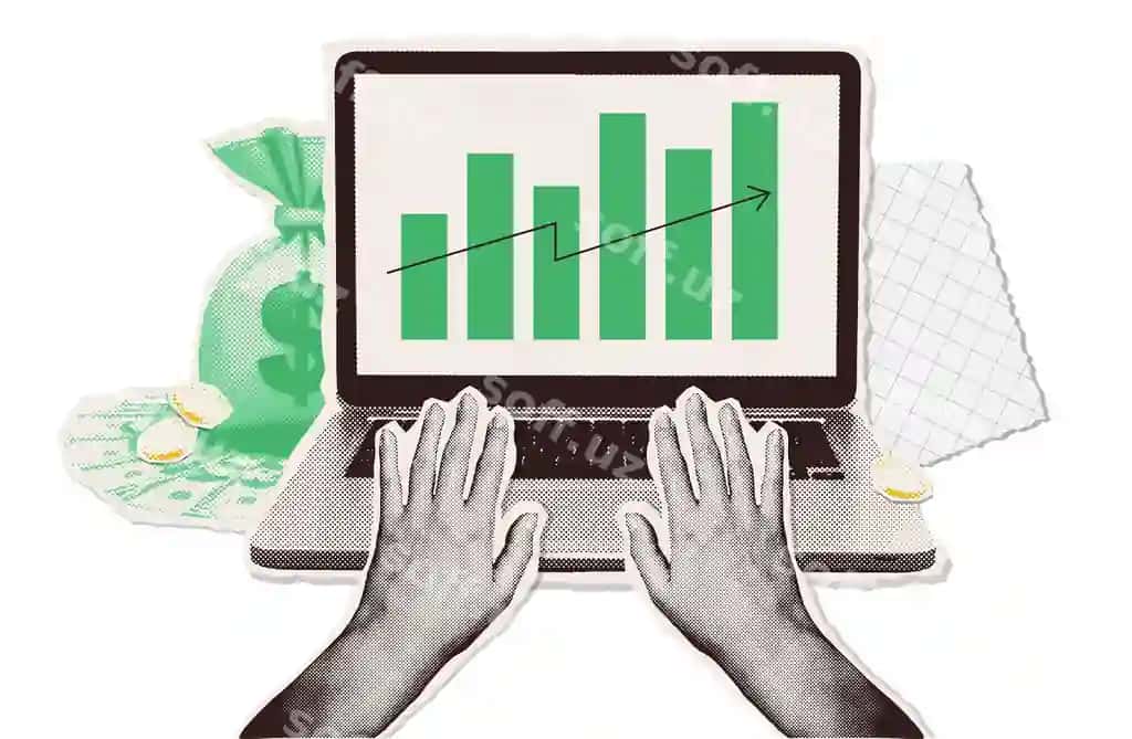 O'sib borayotgan noutbuk pullari bilan zamonaviy yarim tonli kollaj | Contemporary halftone collage with hands laptop money with growing
