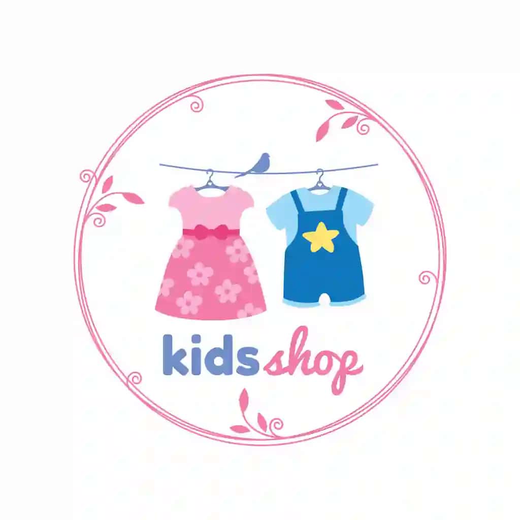 Bolalar do'konining doirasi osilgan bolalar kiyimlari logotipi dizayni | Kids shop circle hanging child clothes logo design
